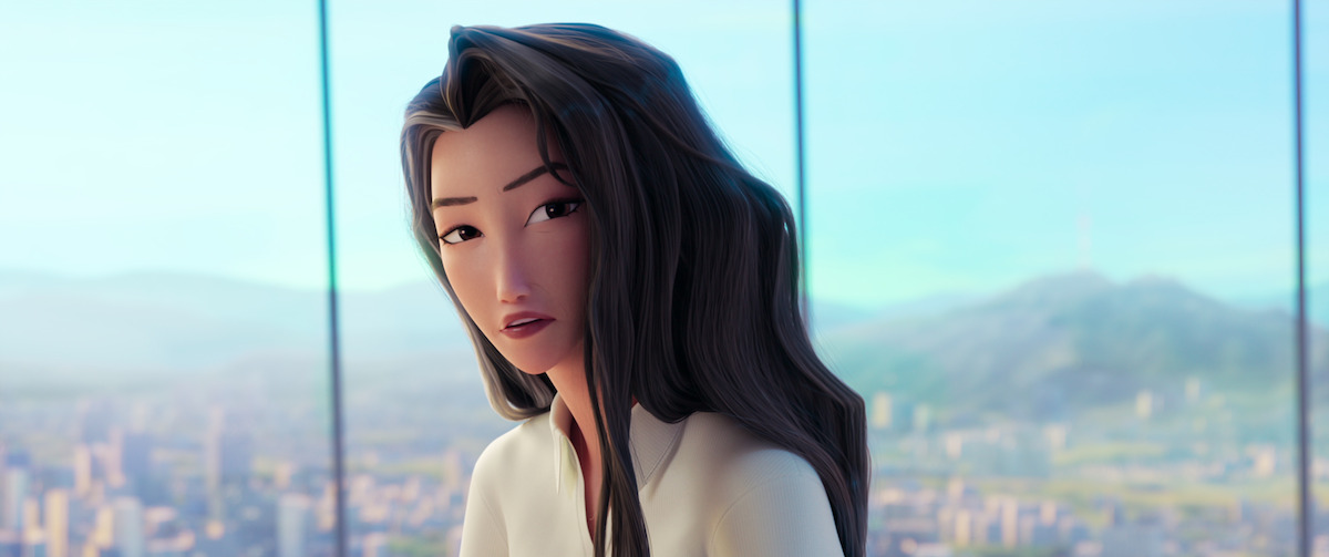 Celine from KPop Demon Hunters, a middle-aged Korean woman with long dark hair and a white shirt, looks seriously at someone out of frame. Behind her, a sprawling city and mountain landscape can be seen through a large window, along with a bright blue sky.