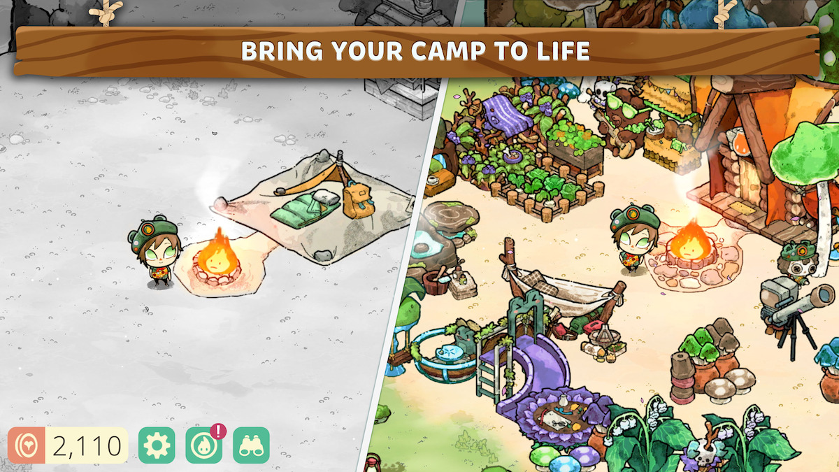 Slipt screen of an animated game character at an empty campsite, and at a campsite with lots of materials, crops, and cabin.