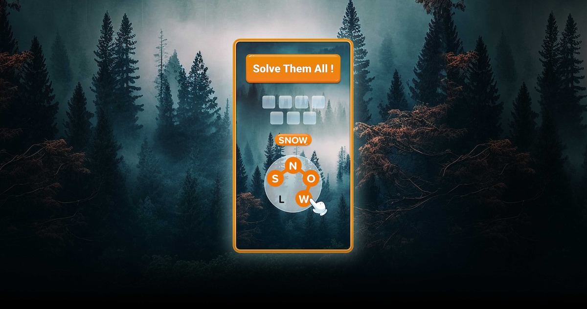 A mobile game screen with a word puzzle set against a misty forest background. The screen displays the word "SNOW" with letter tiles arranged in a circular pattern and a prompt that says "Solve Them All!"