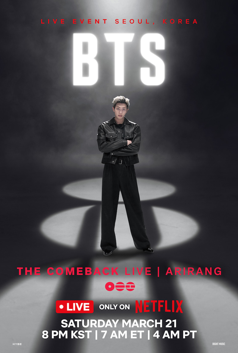 RM in black stands center stage under spotlight with BTS text above, advertising a live event in Seoul. The poster promotes BTS The Comeback Live Arirang, streaming live only on Netflix with event date and times listed.