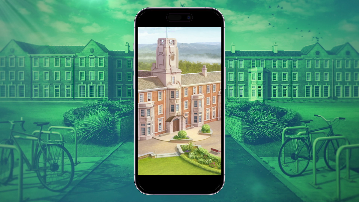 An in-game screenshot from the mobile game ‘Netflix Stories: Sex Education’, embedded within a floating phone screen.