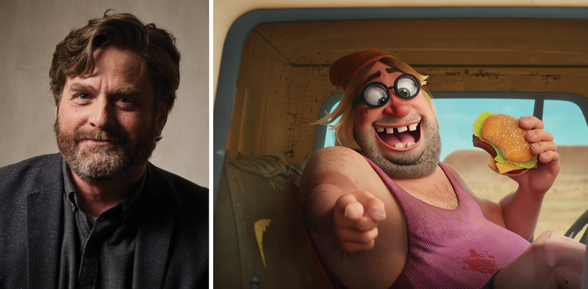 L: Zach Galifianakis, R: Crusty Trucker eats a burger in ‘Thelma and the Unicorn.’