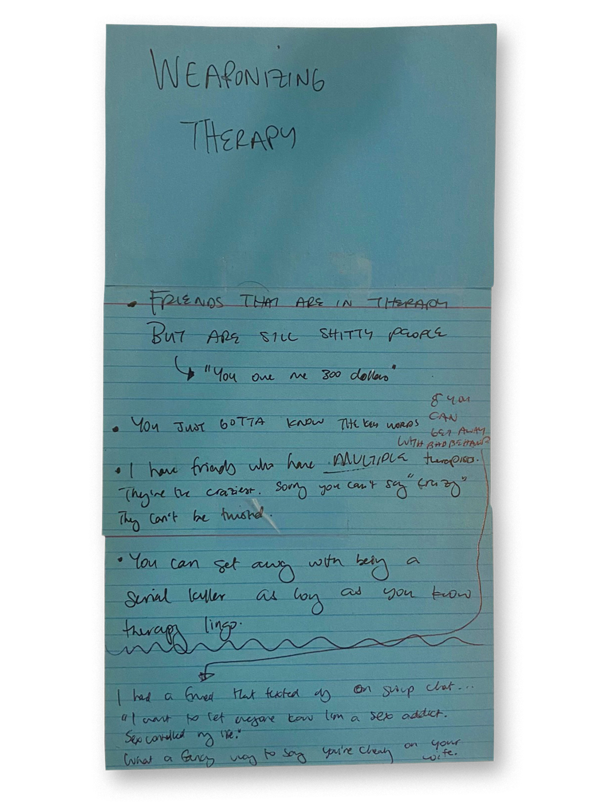 Minhaj’s handwritten “weaponizing therapy” notes on blue index cards
