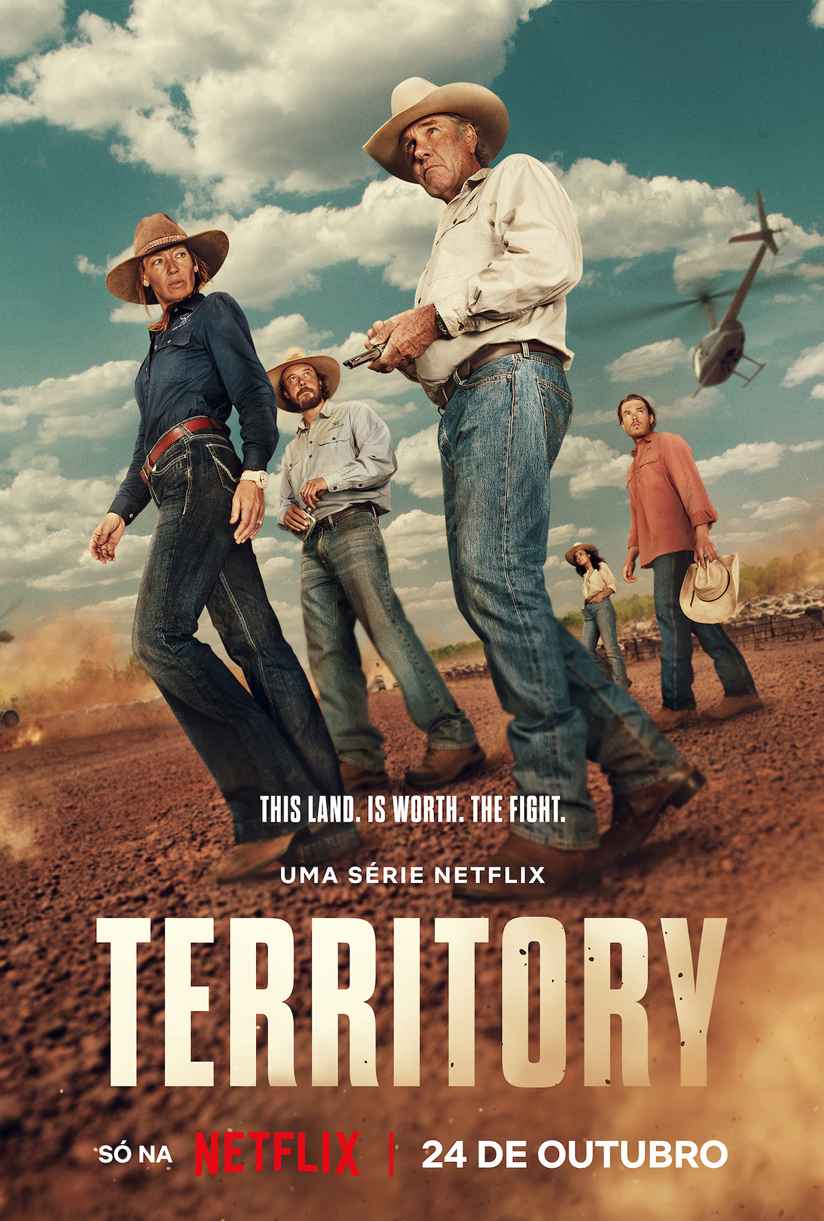 Pôster da temporada 1 de 'Territory', com homens e mulheres de jeans e chapéu de vaqueiro