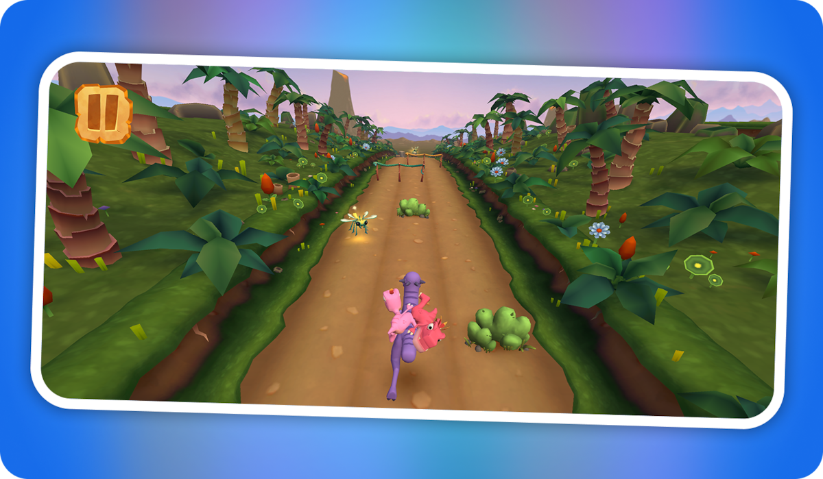 Colorful 3D endless runner game scene featuring a purple bird character racing down a dirt path through a tropical jungle with palm trees, flowers, green bushes, and obstacles; pause button visible in the top left corner.