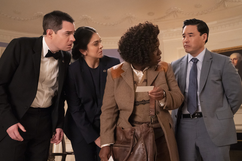 Dan Perrault as Colin Trask, Anna Rajo as Agent Anna Rausch, Uzo Aduba as Cordelia Cupp, Randall Park as Edwin Park in episode 106 of 'The Residence'.