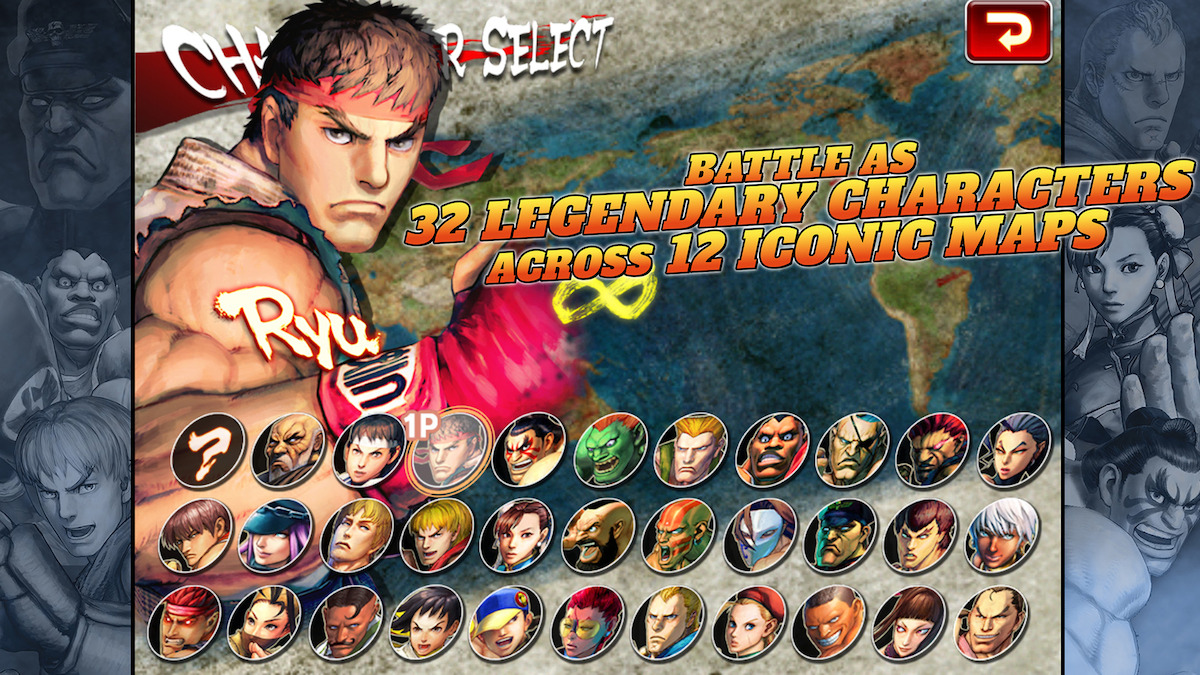 Lead from Street Fighter IV with phrase, “Battle 32 Legendary Characters across 12 iconic maps.”
