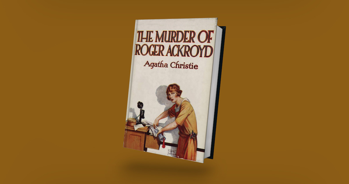 Book cover of "The Murder of Roger Ackroyd" by Agatha Christie featuring a woman in vintage attire standing by a table, set against a plain brown background, with a mysterious and classic atmosphere.