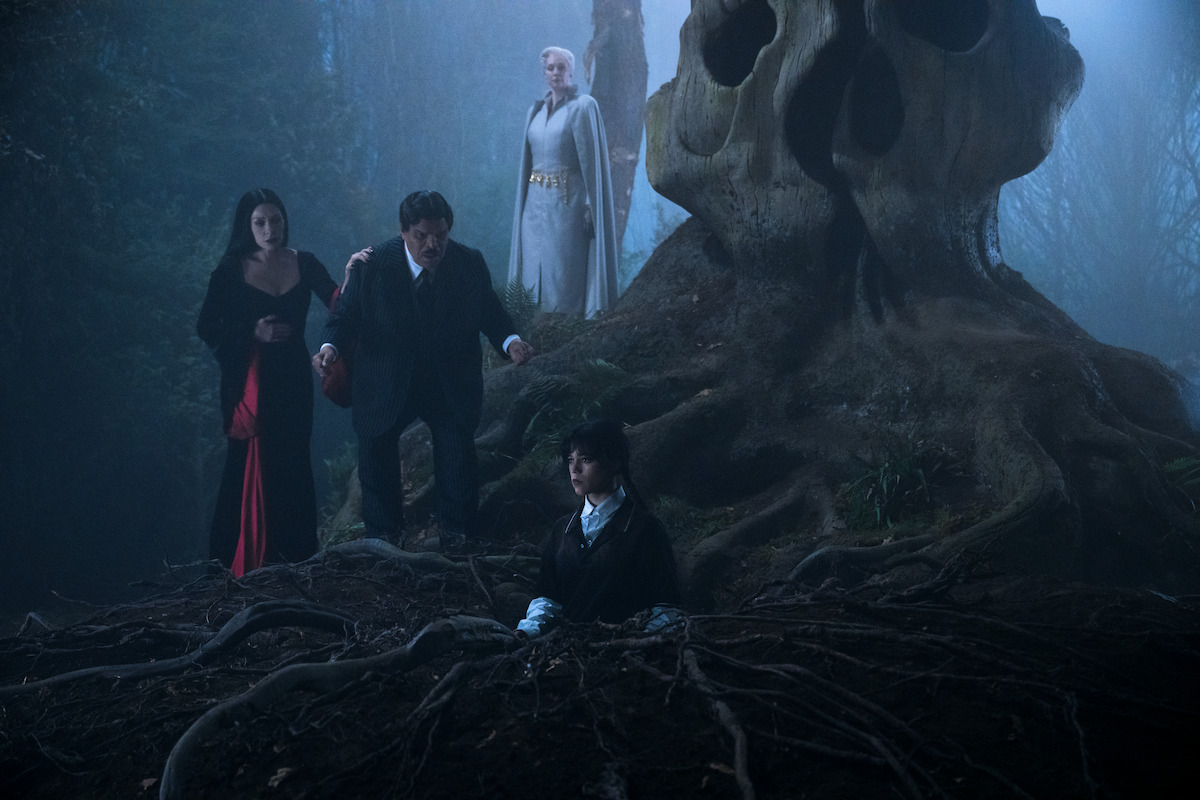 Catherine Zeta-Jones as Morticia Addams, Luis Guzmán as Gomez Addams, Gwendoline Christie as Principal Weems, and Jenna Ortega as Wednesday Addams in ‘Wednesday’ Season 2.
