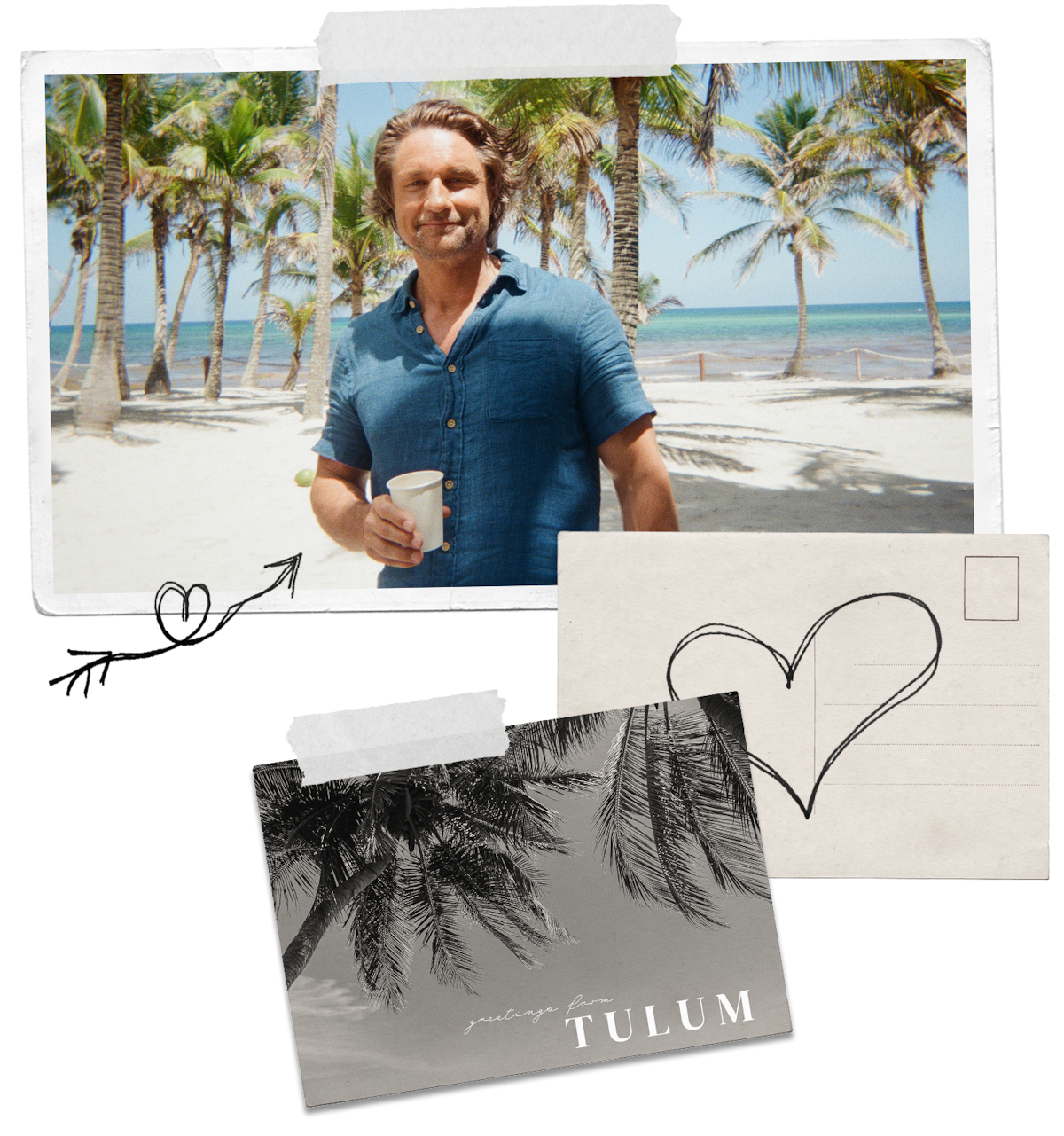 Collage of a photo of Jack and a postcard from Tulum