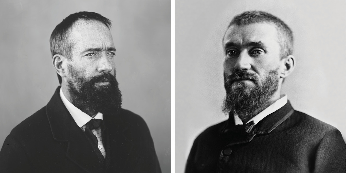 Two men with beards in formal 19th-century attire, posed against plain studio backgrounds, both looking slightly away from the camera; the mood is serious and contemplative.
