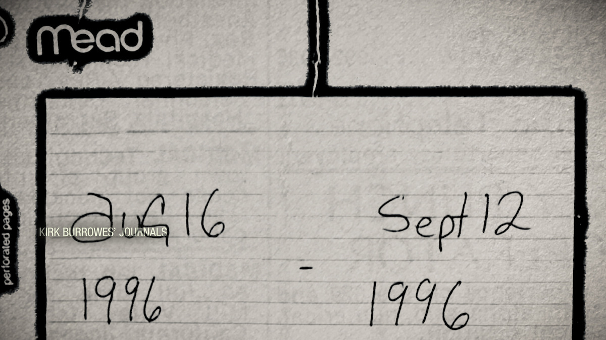 A close-up of a notebook page with the brand “Mead" visible, handwritten dates August 16, 1996 and September 12, 1996. The setting is a simple, academic or organizational environment; mood is neutral and nostalgic.