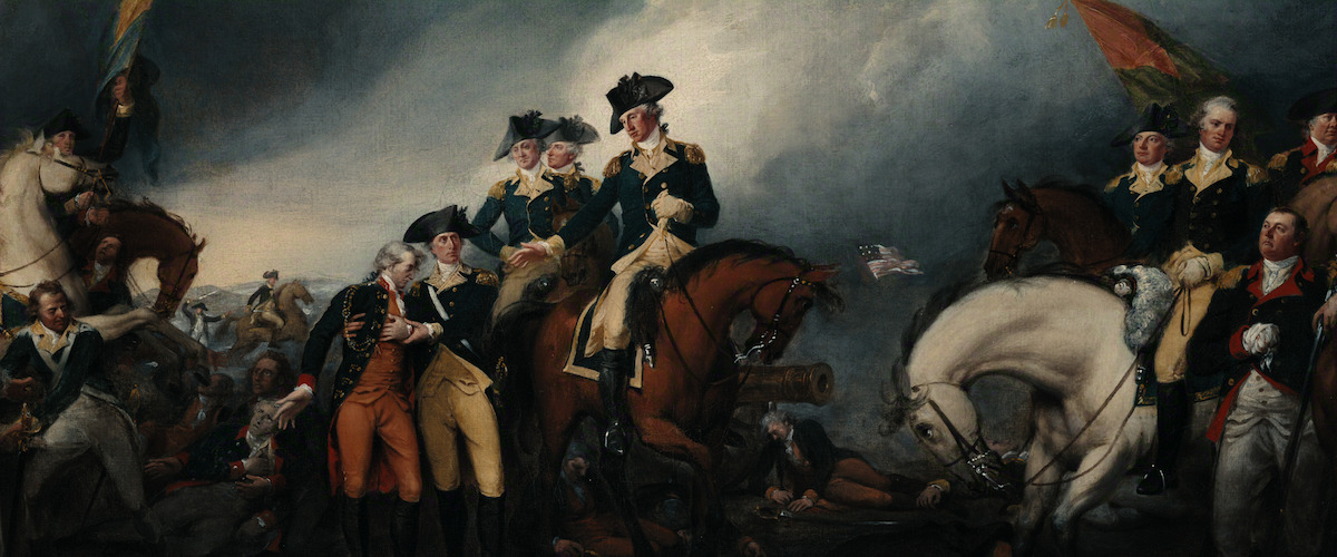 Military officers on horseback and soldiers gather on a battlefield with dramatic skies, flags, and fallen troops, capturing a historical war scene with vivid expressions and period uniforms.
