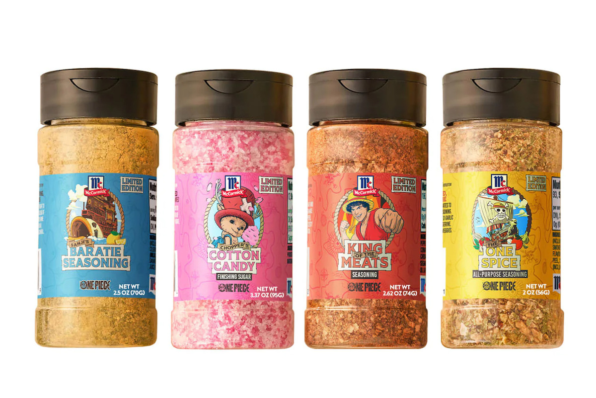 Four McCormick seasoning bottles in a row on a white background, each with colorful, illustrated labels: Pirate Seasoning, Cotton Candy, King Meats, and Little Spice.