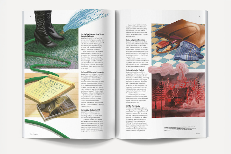Open magazine spread with illustrations: boots and hose on grass, a notebook and cassette tape, an open briefcase on tile with clothes spilling out, and a red cabin surrounded by fire and smoke. Text columns fill the pages.