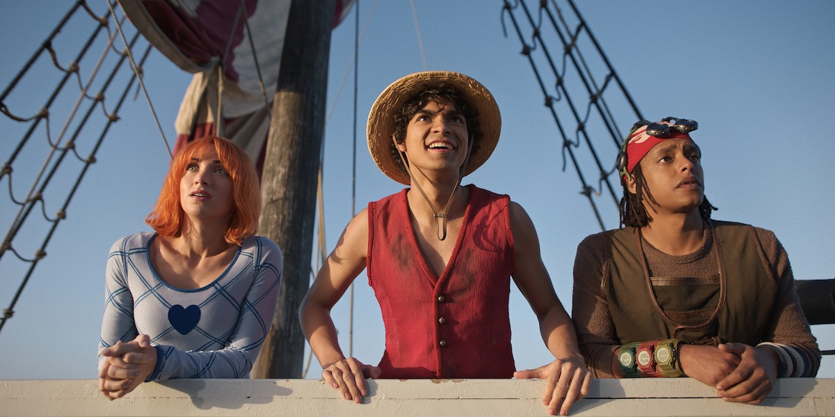 Emily Rudd as Nami, Iñaki Godoy as Monkey D. Luffy, and Jacob Romero as Usopp in ‘ONE PIECE’ Season 2.
