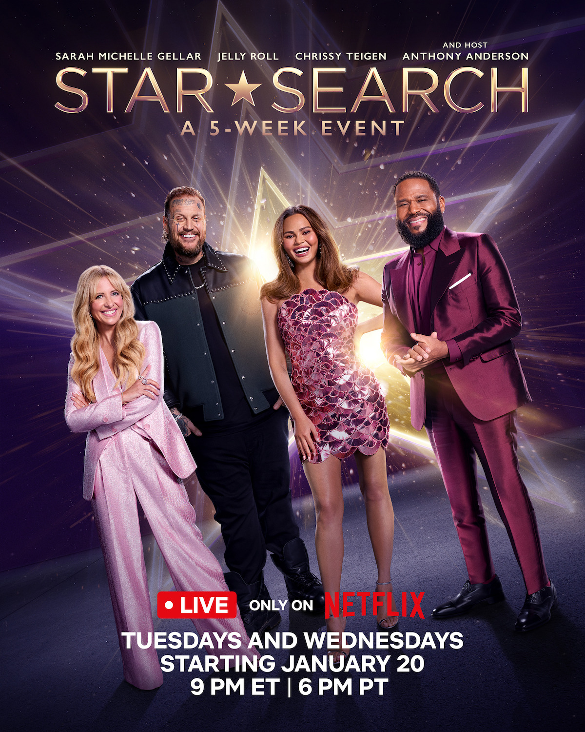 Chrissy Teigen, Jelly Roll, Sarah Michelle Gellar, and Anthony Anderson pose in glamorous attire against a starry, illuminated background promoting "Star Search: A 5-Week Event." Their names are displayed above; the scene is vibrant and celebratory.