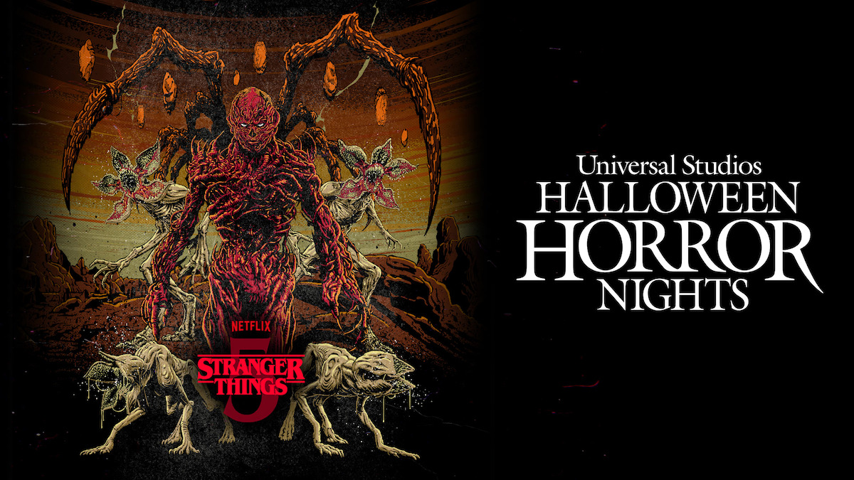 Stranger Things monster, Vecna, with demogorgons in a dark, eerie environment promoting Universal Studios Halloween Horror Nights event.