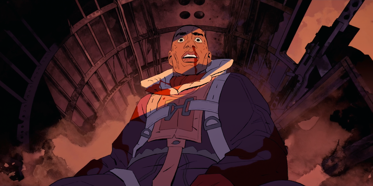Animated still of a pilot with a bloody nose and fearful expression in the episode “How Zeke Got Religion” from ‘Love, Death + Robots’ Volume 4