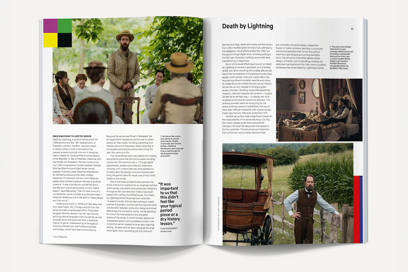 Magazine spread featuring period drama scenes: people in historical clothing outdoors with greenery, a man standing by a carriage in a rural setting, and two men talking in a vintage-furnished bedroom; text and colorful design elements.