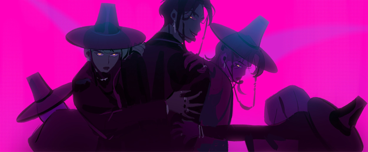 Stylized figures in wide-brim hats and dark clothing stand closely together against a vivid pink background, with dramatic lighting and expressive poses suggesting tension or confrontation.