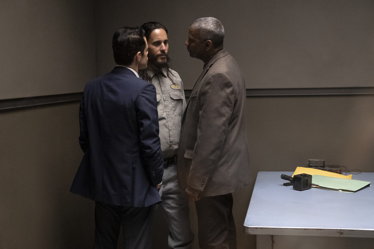Rami Malek, Jared Leto, and Denzel Washington stand in the corner of an interrogation room in an image from the film ‘The Little Things.’