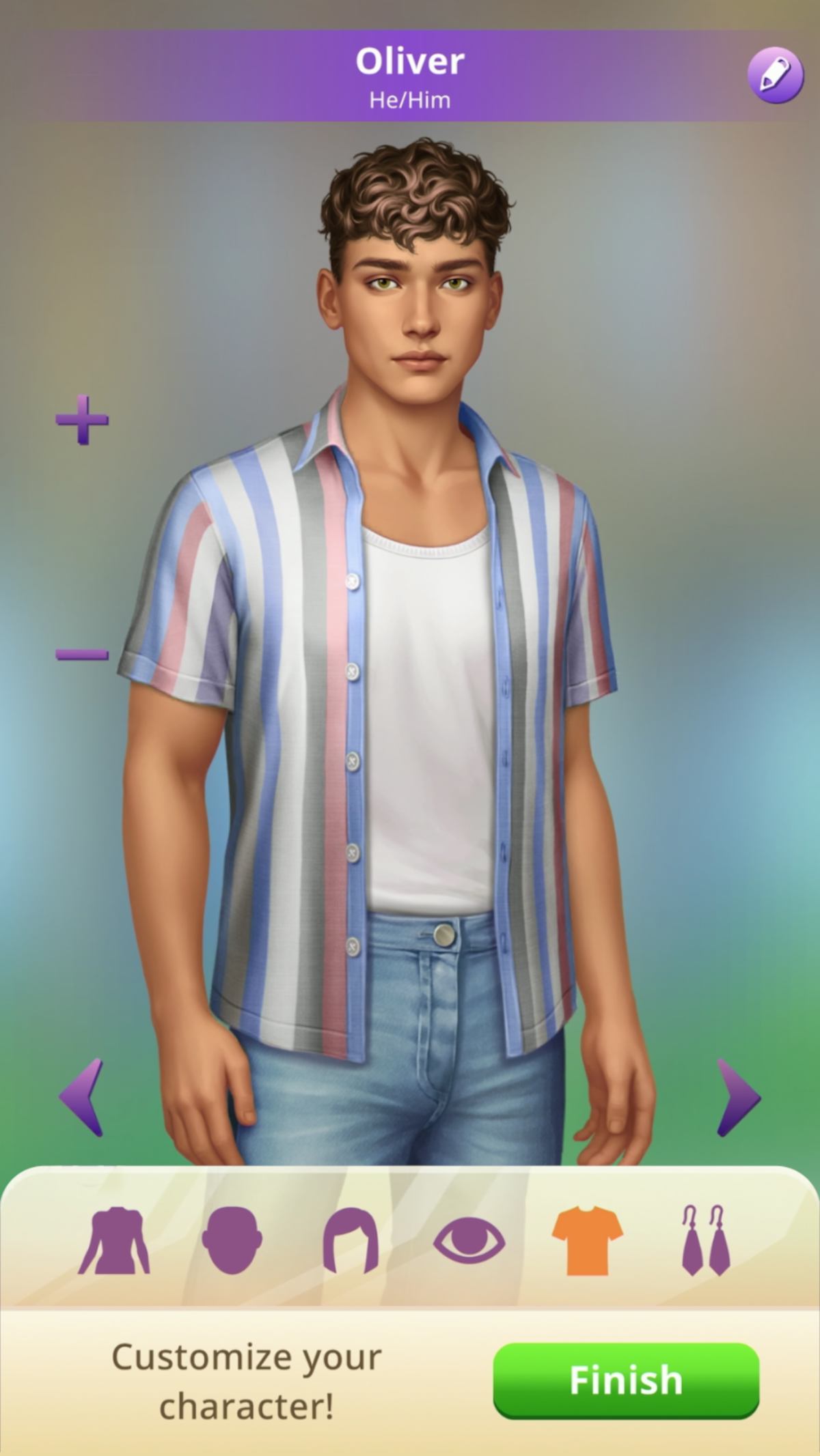 An in-game screenshot from the mobile game 'Netflix Stories: Outer Banks', featuring a male character named Oliver with various clothing style adjustments below