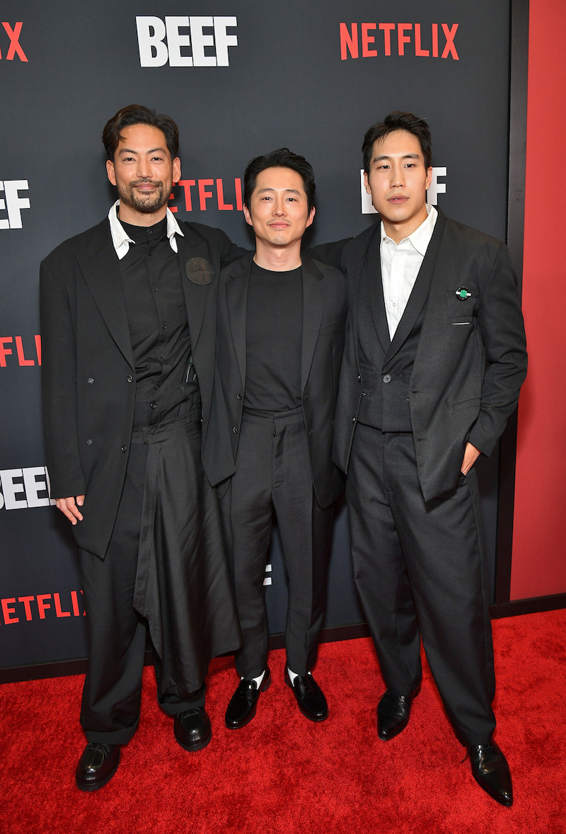 Joseph Lee, Steven Yeun and Young Mazino at he BEEF premiere.