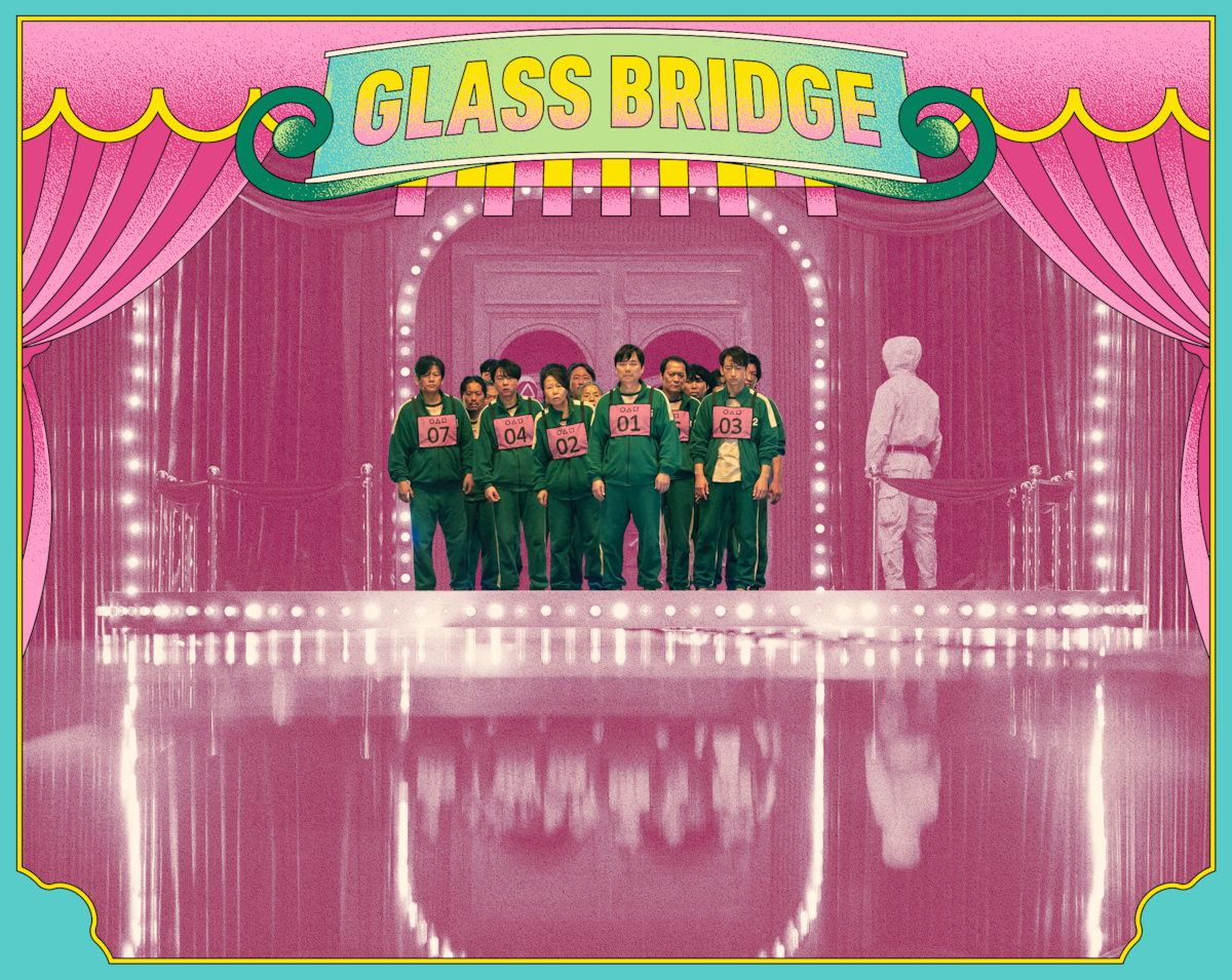 Players stand on a glass bridge in Season 1 of ‘Squid Game’