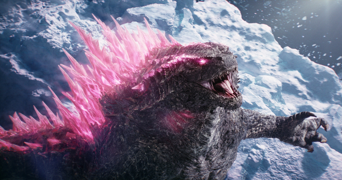 Godzilla roars above a snowy cliff in ‘Godzilla x Kong: The New Empire’