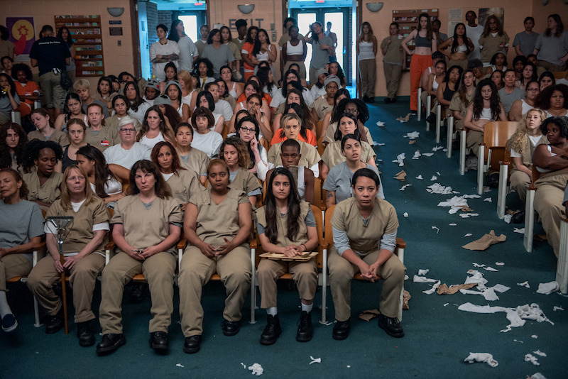 (L to R) Laura Prepon as Alex, Taylor Schilling as Piper, Selenis Leyva as Gloria on the set of Orange Is The New Black Season 5.