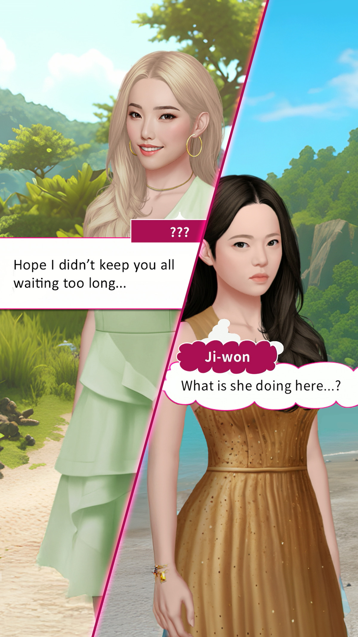 Characters in Singles Inferno standing on a beach