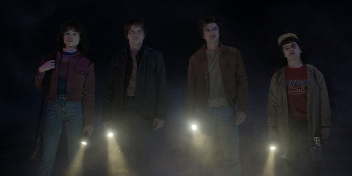 Natalia Dyer as Nancy, Charlie Heaton as Jonathan, Joe Keery as Steve, and Gaten Matarazzo as Dustin in ‘Stranger Things 5’