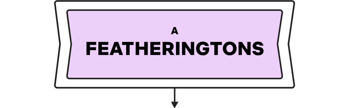 A rectangular, lavender-colored sign with the text "A FEATHERINGTONS" in black, bold font, outlined in black, against a white background.