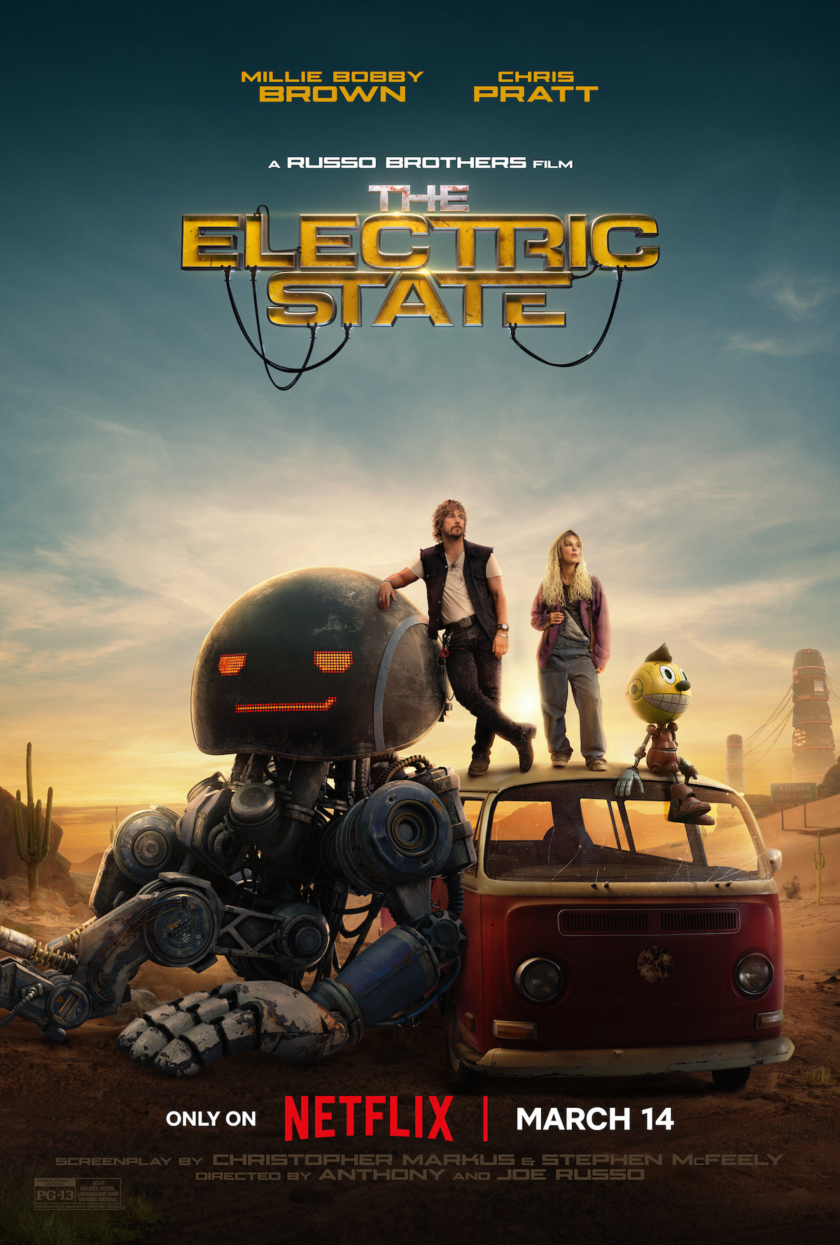 Key art for ‘The Electric State’ featuring Millie Bobby Brown as Michelle and Chris Pratt as Keats