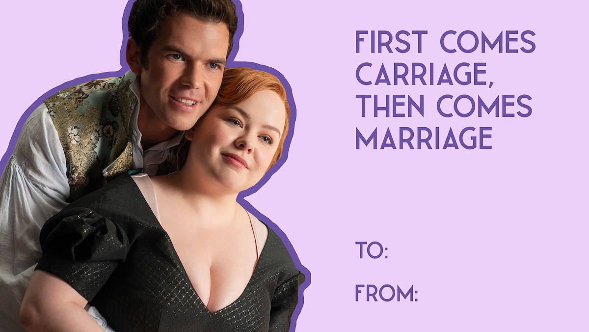 A smiling couple in period costumes embrace against a purple background with text reading “First comes carriage, then comes marriage.” There are spaces labeled “To:” and “From:” for a message.