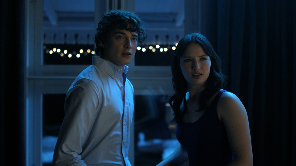 Olly Atkins as Freddie O’Connell and Madelyn Keys as Adriana Russo meet late at night in ‘Finding Her Edge.’