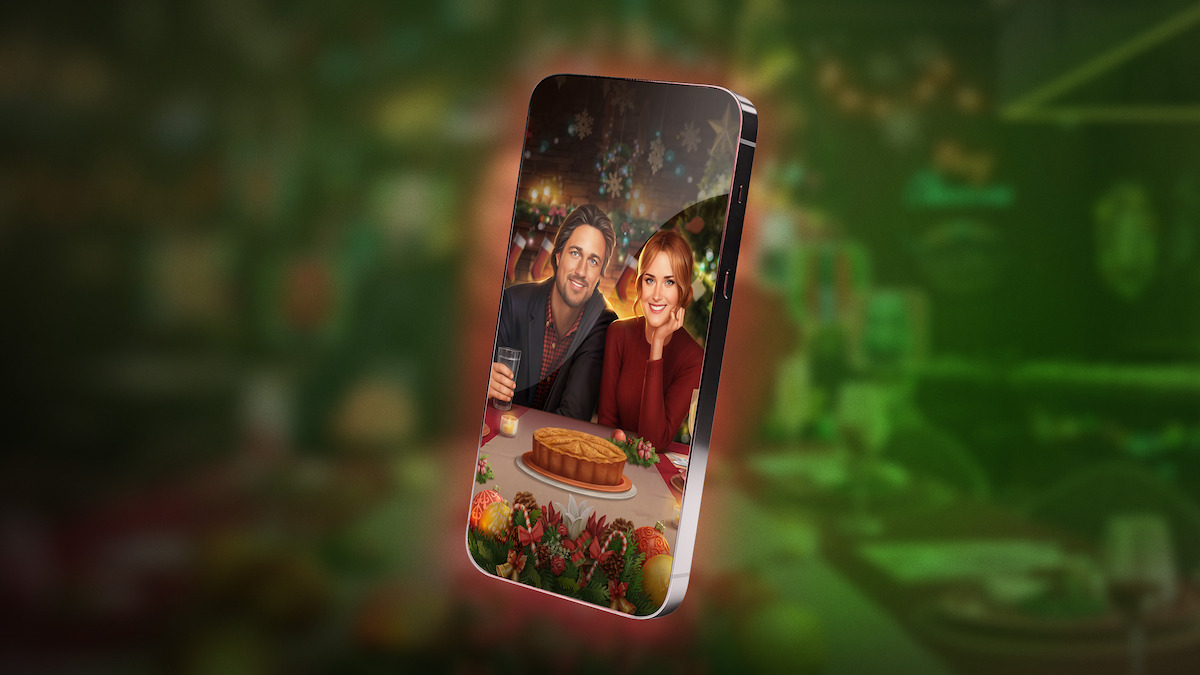 An in-game screenshot from the mobile game ‘Netflix Stories: A Virgin River Christmas,’ embedded within a floating iPhone screen