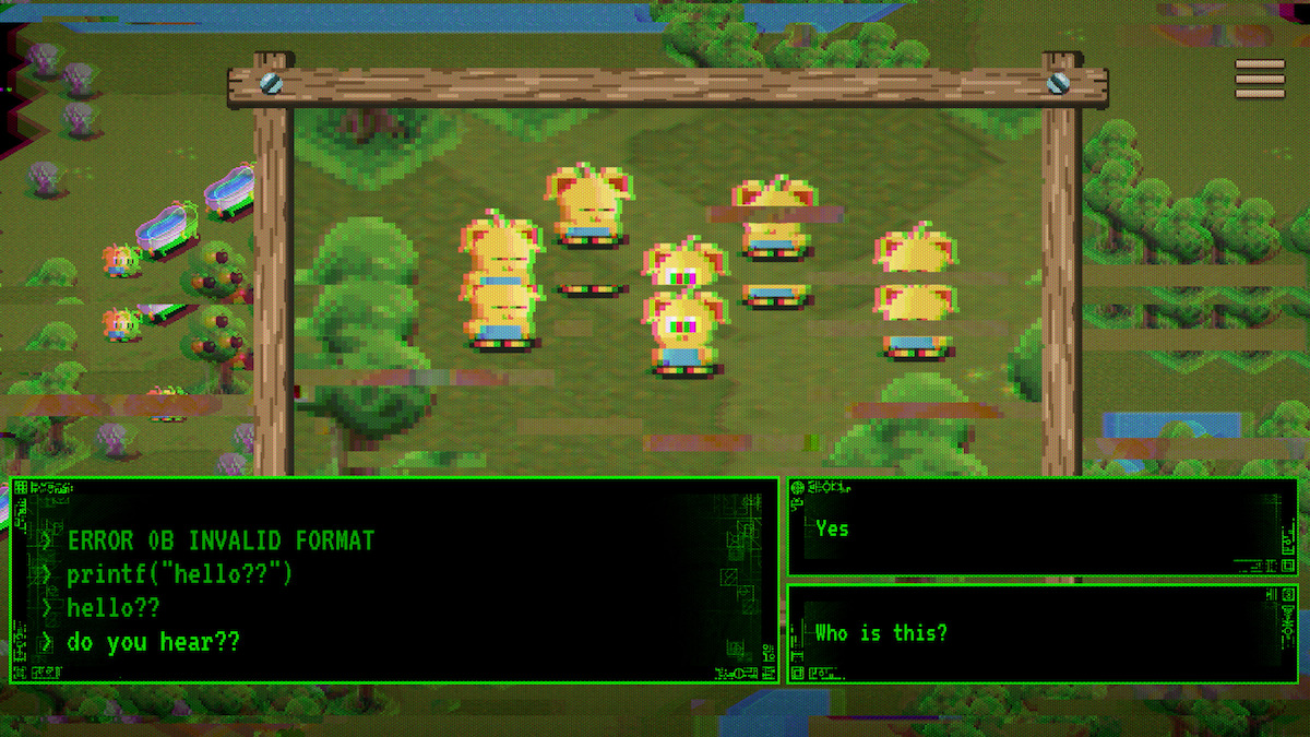 A group of glitched yellow characters called Thronglets stand on screen. A green text box reads: “ERROR 0B INVALID FORMAT printf(‘hello??’) hello?? do you hear??” with dialogue options: “Yes” or “Who is this?”