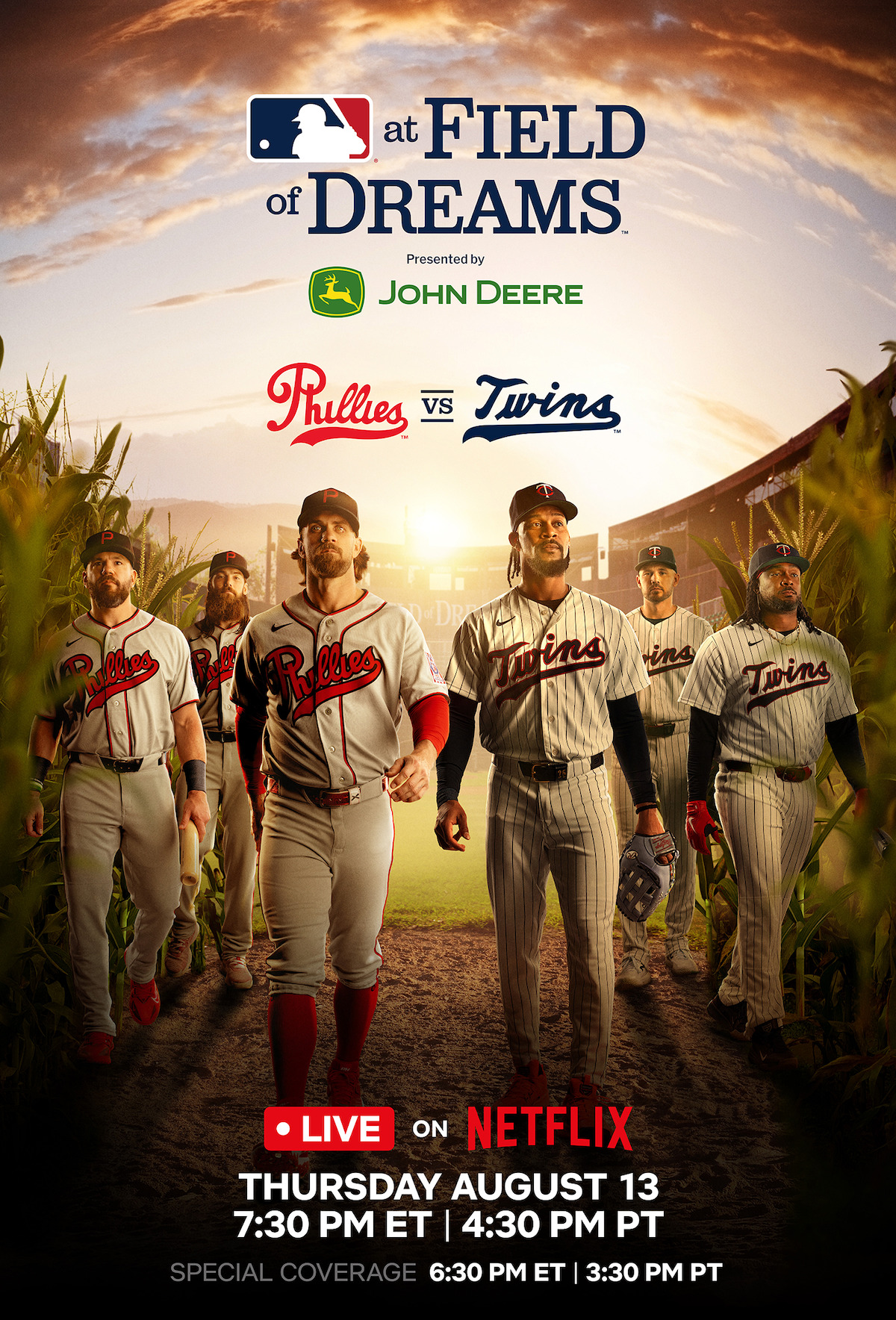 Baseball players from the Phillies and Twins walk out of a cornfield at sunset for the "MLB at Field of Dreams" game, with game details and Netflix promo text overlayed.