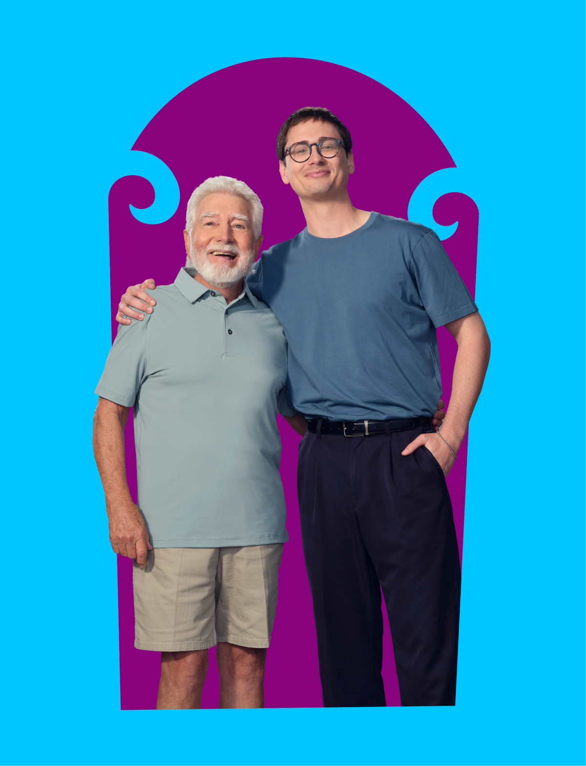 Two smiling men stand together with arms around each other, one older and one younger, against a stylized purple arch on a bright blue background.