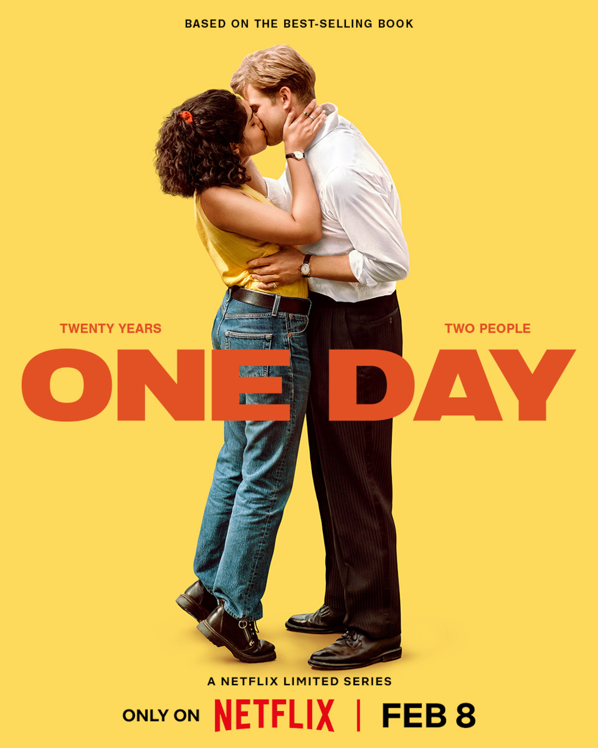 Young woman and man kissing with yellow background in ‘One Day’ poster art.