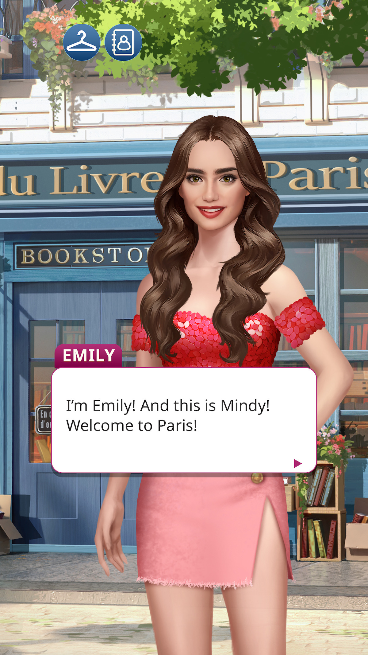 In-game screenshot featuring Emily in front of a bookstore in Paris, with the text bubble “I’m Emily! And this is Mindy! Welcome to Paris!”