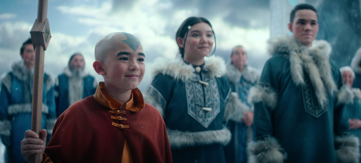 Gordon Cormier as Ang, Kiawentiio as Katara, and Ian Ousley as Sokka in season 1 of ‘Avatar: The Last Airbender’