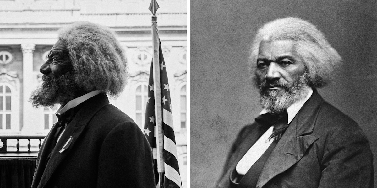 Two portraits of an older Black man with white hair and beard, one in profile outdoors near an American flag, the other a formal black-and-white studio portrait; dignified, historical atmosphere.