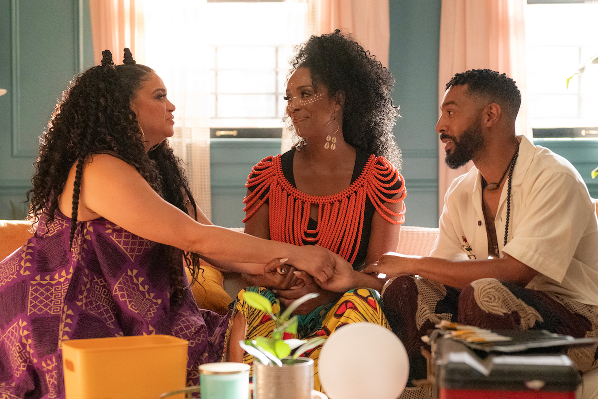 Michelle Buteau as Mavis, Tasha Smith as Marley, and Tone Bell as Khalil in ‘Survival of the Thickest’ Season 2.