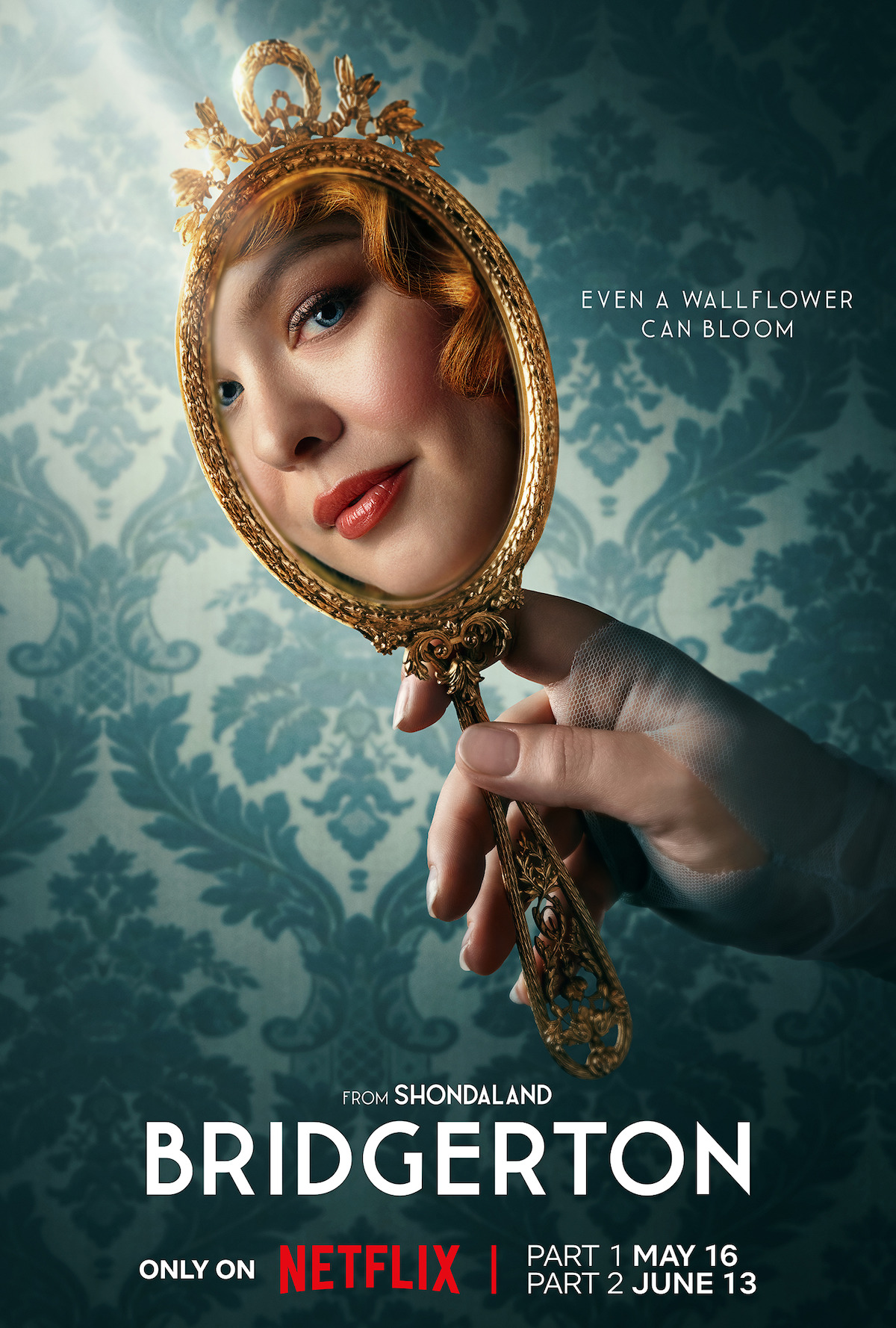 Bridgteron Season 3 poster of Nicola Coughlan as Penelope Featherington reflected in an ornate hand mirror.