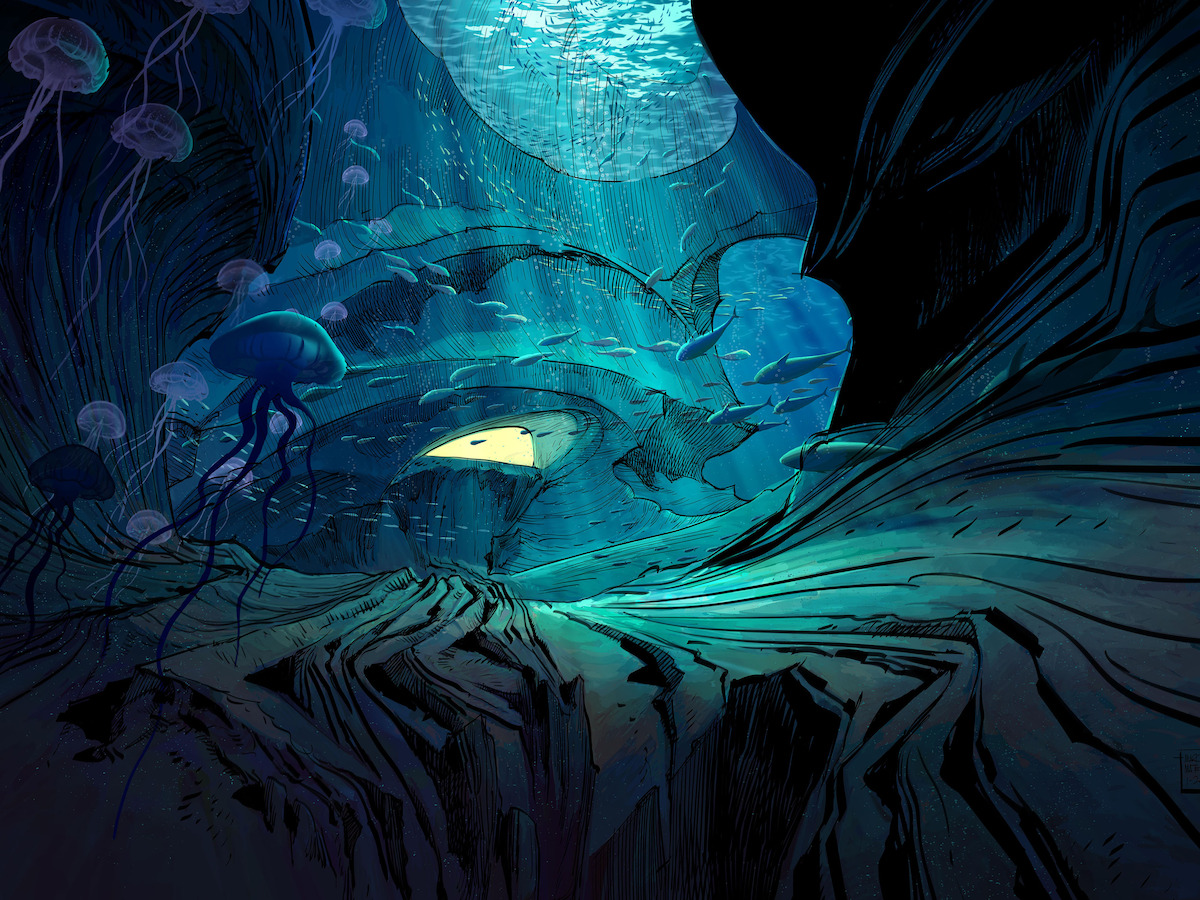 Production design sketch of Ultraman’s (Sean) base by Yoriko Ito and Marcos Mateu-Mestre.