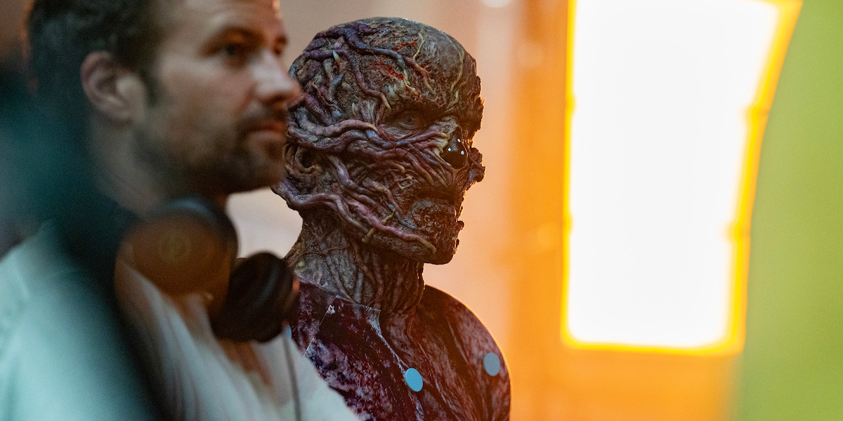 Ross Duffer and Jamie Campbell Bower as Vecna behind-the-scenes of ‘Stranger Things 5’