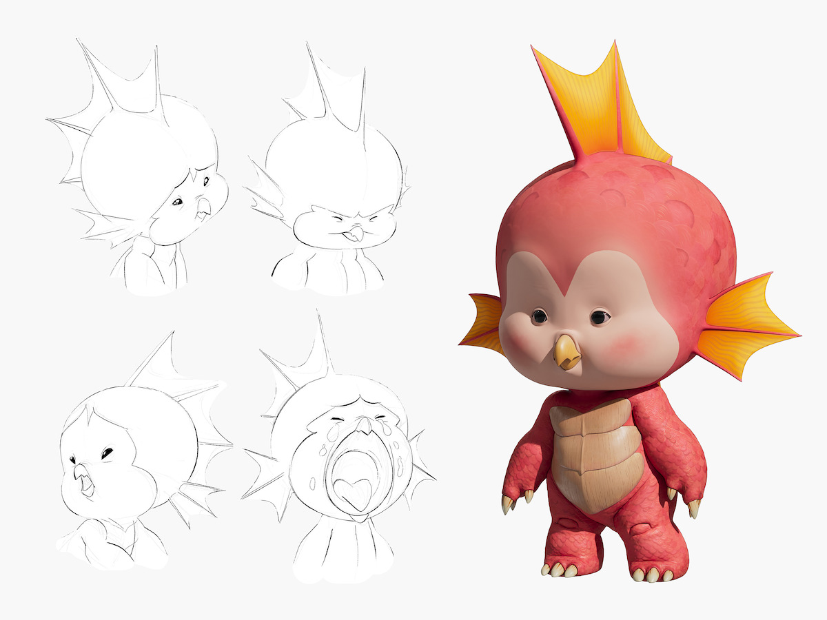 Expression study drawings and surfacing render of Baby Emi.